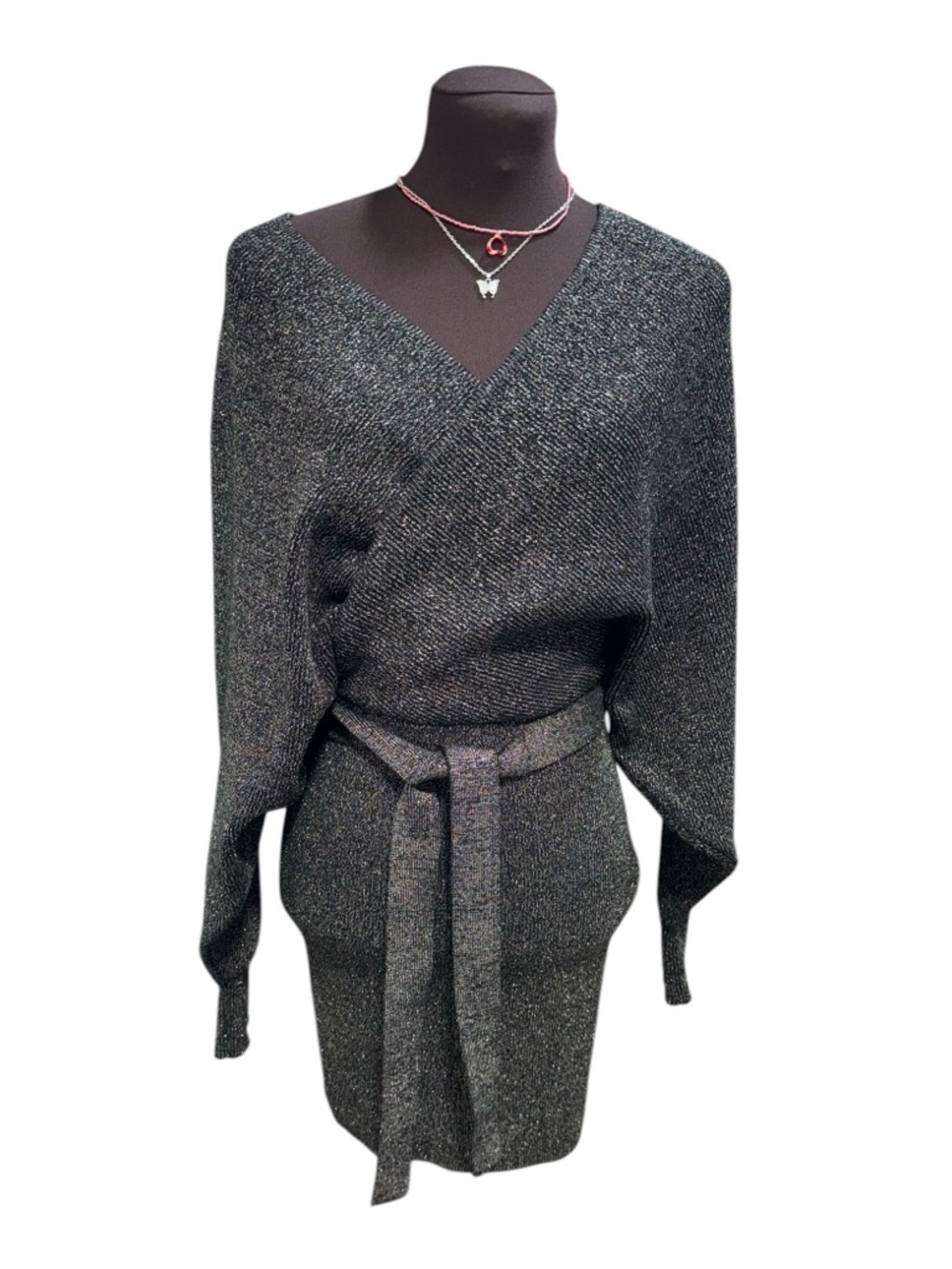Gianni Bini Alston Metallic Sweater Dress Black Womens M Stretch Tie Waist